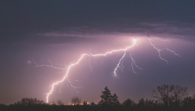 outdoors,sky,cloud,tree,no humans,night,cloudy sky,grass,nature,scenery,forest,electricity,lightning,purple sky,monochrome,greyscale