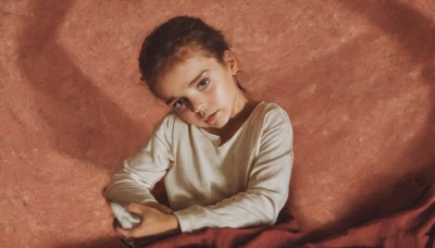 1girl,solo,looking at viewer,short hair,blue eyes,brown hair,shirt,long sleeves,holding,closed mouth,white shirt,upper body,lips,head tilt,child,realistic,black hair,1boy,male focus,sweater,own hands together,aged down,male child,brown theme