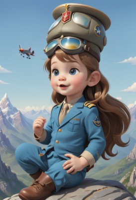 1girl,solo,long hair,smile,open mouth,blue eyes,brown hair,shirt,long sleeves,hat,sitting,jacket,full body,white shirt,boots,outdoors,necktie,sky,teeth,day,collared shirt,pants,cloud,uniform,blue sky,military,military uniform,brown footwear,blue jacket,goggles,clenched hand,child,pocket,goggles on head,military hat,rock,mountain,aircraft,airplane,breast pocket,goggles on headwear,lips,flying,medal,world war ii,helicopter