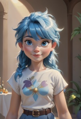 1girl,solo,long hair,breasts,looking at viewer,blush,smile,bangs,blue eyes,skirt,shirt,closed mouth,blue hair,collarbone,white shirt,upper body,braid,short sleeves,small breasts,shiny,belt,artist name,indoors,shiny hair,twin braids,lips,blue skirt,watermark,floral print,thick eyebrows,aged down,plant,child,buckle,freckles,belt buckle,arms at sides,female child,shirt tucked in,brown belt,print shirt,blurry,blurry background,table,sunlight,denim