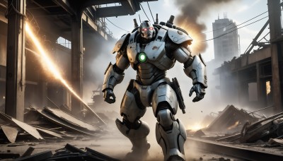 HQ,solo,red eyes,1boy,standing,weapon,outdoors,armor,gun,no humans,glowing,fire,robot,building,mecha,glowing eyes,smoke,science fiction,city,realistic,cable,explosion,ruins,power lines,damaged,power armor,debris,dust,destruction,rubble,radio antenna,cloud,military,ground vehicle,motor vehicle,antennae,military vehicle,dirty