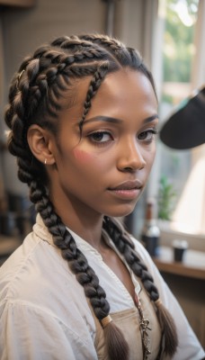 1girl,solo,long hair,looking at viewer,smile,shirt,black hair,brown eyes,jewelry,white shirt,upper body,braid,earrings,parted lips,teeth,indoors,dark skin,necklace,blurry,black eyes,twin braids,dark-skinned female,lips,depth of field,blurry background,hair over shoulder,forehead,freckles,realistic,nose,overalls,very dark skin,multiple braids,blush,twintails,closed mouth,artist name,from side,facial mark,piercing,ear piercing