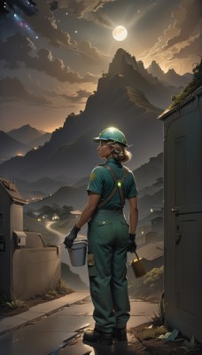 1girl,solo,short hair,brown hair,shirt,gloves,hat,holding,standing,full body,ass,short sleeves,boots,outdoors,sky,black gloves,looking back,pants,cloud,dark skin,from behind,black footwear,dark-skinned female,night,moon,helmet,cloudy sky,box,star (sky),night sky,full moon,mountain,green shirt,sun,bucket,overalls,dirty,mountainous horizon,closed mouth,hair bun,profile,single hair bun,blue shirt,starry sky,holding bucket