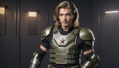 solo,looking at viewer,blonde hair,brown hair,1boy,brown eyes,upper body,male focus,multicolored hair,armor,facial hair,scar,shoulder armor,beard,realistic,animification,elbow pads,star (symbol),parody,science fiction,stubble