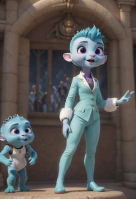 1girl,looking at viewer,smile,short hair,open mouth,shirt,long sleeves,1boy,animal ears,blue hair,standing,purple eyes,jacket,full body,multiple boys,teeth,collared shirt,pants,artist name,indoors,blurry,blurry background,colored skin,formal,suit,blue shirt,pointing,furry,blue skin,furry female,furry male,blue fur,jewelry,male focus,necklace,fur trim,buck teeth