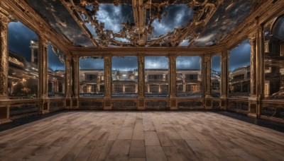 sky,cloud,indoors,no humans,window,night,chair,plant,building,night sky,scenery,smoke,wooden floor,stairs,door,architecture,tree,blue sky,table,cloudy sky,fantasy,candle,pillar