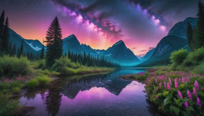 flower, outdoors, sky, cloud, water, tree, no humans, night, grass, star (sky), nature, night sky, scenery, starry sky, reflection, sunset, mountain, landscape, mountainous horizon, lake, purple sky