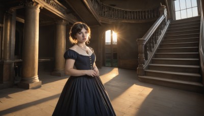 1girl,solo,breasts,looking at viewer,short hair,brown hair,black hair,dress,jewelry,standing,short sleeves,day,puffy sleeves,indoors,necklace,black dress,puffy short sleeves,lips,window,blue dress,sunlight,own hands together,cross,stairs,realistic,church,brown eyes,collarbone,parted lips,signature,shadow,pendant,pillar