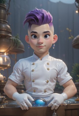 solo,looking at viewer,smile,short hair,shirt,gloves,1boy,brown eyes,jewelry,closed mouth,white shirt,upper body,purple hair,short sleeves,male focus,multicolored hair,earrings,indoors,white gloves,blurry,black eyes,lips,buttons,blurry background,ring,plant,gem,child,androgynous,freckles,single earring,double-breasted,male child,undercut,straight-on,coin,hair slicked back,chef,eyebrow cut,1girl,blush,artist name,grey eyes,scar,thick eyebrows,scar on face,glint,scar across eye