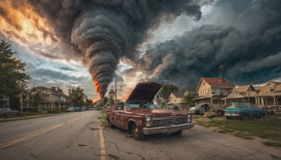 outdoors, sky, cloud, tree, no humans, cloudy sky, fire, ground vehicle, building, scenery, motor vehicle, smoke, car, road, house, vehicle focus, power lines, street