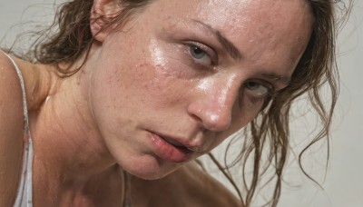 1girl,solo,long hair,looking at viewer,simple background,brown hair,bare shoulders,closed mouth,parted lips,shiny,grey background,black eyes,lips,grey eyes,messy hair,portrait,close-up,forehead,freckles,realistic,nose,tank top,dirty