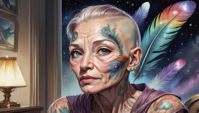 1girl,solo,looking at viewer,short hair,blue eyes,jewelry,closed mouth,white hair,grey hair,earrings,sky,indoors,lips,tattoo,night,feathers,portrait,star (sky),night sky,starry sky,realistic,nose,lamp,feather hair ornament,old,old man,old woman,wrinkled skin,1boy,male focus,eyelashes,facial tattoo