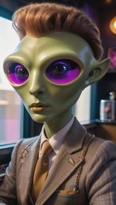 1girl,solo,looking at viewer,brown hair,shirt,1boy,purple eyes,jacket,white shirt,upper body,male focus,necktie,pointy ears,collared shirt,indoors,blurry,lips,makeup,colored skin,chain,formal,sunglasses,suit,realistic,nose,bald,green skin,alien,gold chain,brown necktie,short hair,blurry background,colored sclera,very short hair,mohawk