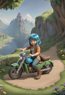 1girl,solo,looking at viewer,smile,short hair,open mouth,bangs,blue eyes,shirt,brown eyes,blue hair,jacket,flower,boots,outdoors,open clothes,sky,teeth,day,pants,artist name,cloud,blunt bangs,water,open jacket,tree,blue sky,brown footwear,knee boots,grass,denim,ground vehicle,nature,scenery,motor vehicle,sleeves rolled up,brown jacket,jeans,mountain,blue pants,road,riding,bridge,motorcycle,river,landscape,path,on motorcycle,sitting,full body,short sleeves,parted lips,solo focus,tongue,tongue out,watermark,child,rock,purple flower,leather,castle,mountainous horizon,sleeves pushed up,cliff