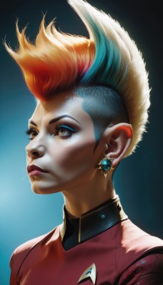 1girl,solo,short hair,blue eyes,blonde hair,brown eyes,jewelry,blue hair,upper body,red hair,multicolored hair,earrings,signature,orange hair,two-tone hair,lips,gradient,gradient background,eyelashes,bodysuit,makeup,looking away,lipstick,portrait,eyeshadow,realistic,nose,eyeliner,looking afar,mascara,mohawk,cyberpunk,artist name,blue background