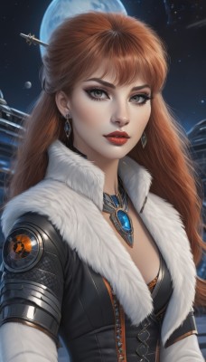 1girl,solo,long hair,breasts,looking at viewer,brown hair,hair ornament,cleavage,brown eyes,jewelry,medium breasts,upper body,earrings,sky,artist name,necklace,orange hair,lips,grey eyes,fur trim,eyelashes,makeup,night,moon,lipstick,star (sky),night sky,eyeshadow,starry sky,freckles,fur collar,realistic,nose,red lips,hair stick,eyeliner,planet,mascara,bangs,closed mouth,jacket,signature,gem,zipper,science fiction