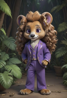 solo,long hair,looking at viewer,smile,brown hair,shirt,long sleeves,1boy,animal ears,jewelry,standing,purple eyes,jacket,full body,male focus,earrings,outdoors,open clothes,barefoot,pants,vest,open jacket,tree,formal,suit,plant,nature,furry,hands in pockets,furry male,purple jacket,brown fur,purple pants,artist name,buttons,leaf,watermark,curly hair,hands on hips,lion ears,bear ears,purple vest