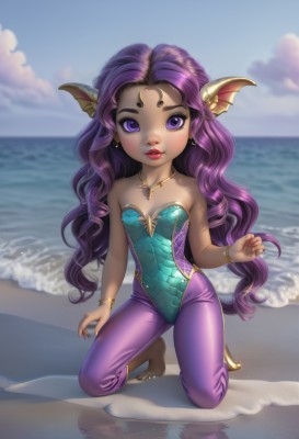 1girl,solo,long hair,breasts,looking at viewer,bare shoulders,jewelry,very long hair,purple eyes,collarbone,swimsuit,full body,purple hair,earrings,small breasts,outdoors,parted lips,sky,barefoot,teeth,day,pants,artist name,cloud,dark skin,water,necklace,nail polish,blurry,bracelet,leotard,dark-skinned female,blue sky,lips,fingernails,eyelashes,kneeling,strapless,makeup,blurry background,ocean,wavy hair,facial mark,beach,cloudy sky,lipstick,monster girl,crescent,red nails,strapless leotard,long fingernails,toenails,curly hair,forehead mark,sand,anklet,horizon,red lips,head fins,forehead jewel,bangs,hair ornament,signature,parted bangs,watermark,thick eyebrows,head wings,web address,multicolored clothes,pendant,reflection,bangle,scales,gold,purple leotard,mascara,purple pants