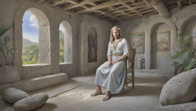 1girl,solo,long hair,blonde hair,1boy,dress,jewelry,sitting,closed mouth,closed eyes,braid,male focus,sky,day,pointy ears,cloud,indoors,white dress,facial hair,chair,sandals,plant,scenery,beard,robe,ruins,wide shot,pillar,statue,painting (object),white robe,hands on lap,brown hair,necklace,window,throne,arch