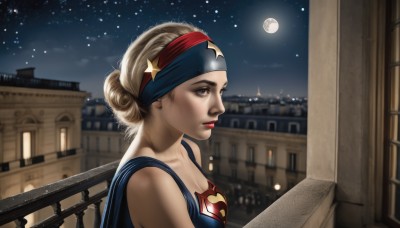 1girl,solo,breasts,blonde hair,cleavage,bare shoulders,brown eyes,medium breasts,collarbone,upper body,hairband,outdoors,sky,hair bun,star (symbol),from side,lips,makeup,night,headband,moon,single hair bun,building,star (sky),night sky,full moon,starry sky,realistic,nose,railing,superhero,balcony,blue eyes,cape,eyelashes,window,profile,lipstick,backlighting,cityscape,moonlight