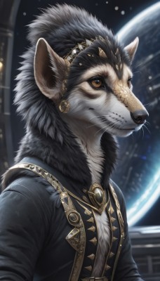 solo,black hair,long sleeves,1boy,animal ears,brown eyes,jewelry,closed mouth,jacket,yellow eyes,upper body,male focus,earrings,belt,signature,blurry,vest,black jacket,blurry background,gem,furry,colored sclera,space,furry male,body fur,planet,animal nose,whiskers,snout,earth (planet),black fur,grey fur,artist name,fur trim,no humans,animal,brooch,black coat,realistic