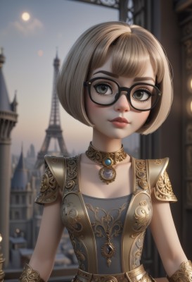 1girl,solo,breasts,looking at viewer,short hair,bangs,blonde hair,brown hair,dress,jewelry,closed mouth,collarbone,upper body,small breasts,outdoors,sky,glasses,sleeveless,choker,day,belt,artist name,necklace,armor,blurry,black eyes,lips,looking to the side,grey eyes,eyelashes,makeup,depth of field,blurry background,bob cut,shoulder armor,gem,black-framed eyewear,pauldrons,gold trim,breastplate,nose,sun,bracer,steampunk,medium breasts,blunt bangs,watermark,web address,red lips,architecture