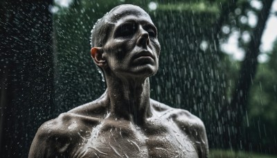 solo,1boy,closed mouth,collarbone,upper body,male focus,outdoors,blurry,wet,blurry background,parody,rain,realistic,bald,manly,what,muscular,night,topless male