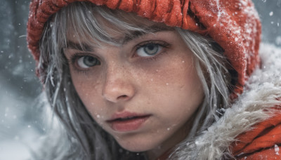 1girl, solo, looking at viewer, bangs, hat, grey hair, parted lips, hood, lips, grey eyes, fur trim, eyelashes, portrait, snow, close-up, freckles, snowing, realistic, nose