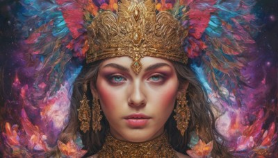 1girl,solo,long hair,looking at viewer,blue eyes,brown hair,hair ornament,jewelry,flower,earrings,parted lips,lips,eyelashes,makeup,feathers,crown,gem,portrait,realistic,headdress,feather hair ornament,eyeshadow,straight-on,gold