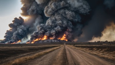 outdoors,sky,cloud,military,no humans,fire,building,scenery,smoke,military vehicle,explosion,ship,burning,destruction,ground vehicle,motor vehicle,sand,tank,desert