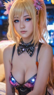 1girl,solo,long hair,breasts,looking at viewer,bangs,blue eyes,blonde hair,hair ornament,cleavage,bare shoulders,medium breasts,closed mouth,upper body,flower,hair flower,blurry,lips,eyelashes,detached collar,blurry background,realistic,nose,twintails,swimsuit,artist name,makeup,depth of field,eyeshadow,pink lips,mascara