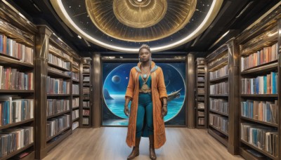 1girl,solo,looking at viewer,brown hair,gloves,1boy,jewelry,standing,male focus,boots,pants,indoors,dark skin,necklace,book,facial hair,brown footwear,dark-skinned male,star (sky),robe,bookshelf,space,planet,library,earth (planet),globe,black hair,full body,belt,coat,brown gloves,floating,science fiction,realistic