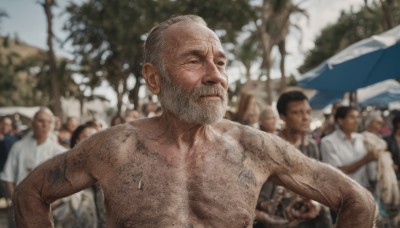 1boy,closed mouth,upper body,grey hair,male focus,outdoors,multiple boys,solo focus,day,blurry,tree,tattoo,depth of field,blurry background,facial hair,umbrella,beard,6+boys,topless male,hands on hips,realistic,mustache,bald,manly,old,chest hair,old man,crowd,shirt,nipples