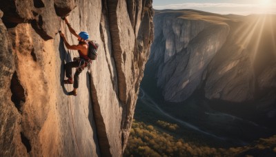 solo,short hair,1boy,blue hair,male focus,outdoors,shoes,pants,dark skin,bag,black pants,sandals,sunlight,dark-skinned male,backpack,nature,scenery,rock,mountain,sun,landscape,cliff,1girl,gloves,long sleeves,hat,standing,sky,day,from behind,pokemon (creature),hoodie,sneakers,baseball cap,light rays,wide shot,backwards hat