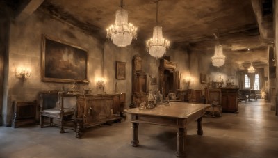 HQ,indoors,book,no humans,window,chair,table,sunlight,scenery,wooden floor,door,light,lamp,candle,stool,painting (object),ceiling,candlestand,ceiling light,chandelier,fireplace,wooden chair,monochrome,desk,cabinet