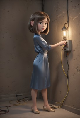 1girl,solo,looking at viewer,short hair,brown hair,dress,holding,brown eyes,standing,full body,shoes,belt,indoors,high heels,from side,lips,blue dress,child,red lips,female child,cable,cyborg,wire,bangs,jewelry,pantyhose,earrings,brown footwear,lamp