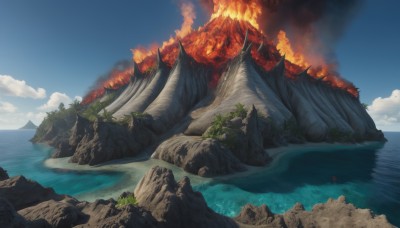 outdoors,sky,day,cloud,signature,water,tree,blue sky,no humans,ocean,cloudy sky,fire,nature,scenery,smoke,rock,mountain,dragon,river,landscape,burning,molten rock,island,monster,kaijuu