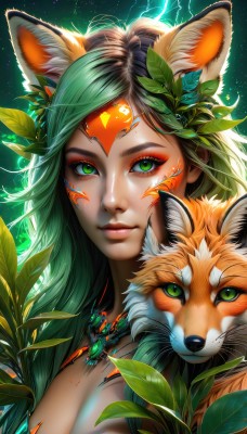 1girl,solo,long hair,breasts,looking at viewer,smile,brown hair,hair ornament,animal ears,cleavage,jewelry,closed mouth,green eyes,upper body,multicolored hair,green hair,artist name,necklace,lips,fox ears,eyelashes,makeup,glowing,animal,leaf,facial mark,plant,portrait,eyeshadow,green background,nose,electricity,eyeliner,facepaint,fox,mascara,heart,lipstick,web address,holding animal