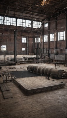 weapon,day,indoors,gun,military,no humans,window,chair,table,sunlight,ground vehicle,scenery,motor vehicle,military vehicle,ruins,tank,vehicle focus,machine gun,ladder,wooden floor,realistic,cannon,ceiling,ceiling light