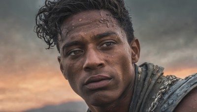 solo,looking at viewer,short hair,brown hair,black hair,1boy,brown eyes,closed mouth,male focus,outdoors,sky,cloud,dark skin,blurry,black eyes,vest,lips,blurry background,chain,dark-skinned male,cloudy sky,portrait,realistic,dirty,dirty face,smile,jewelry,facial hair,curly hair,sunset,nose,very short hair,grey sky