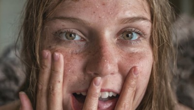 1girl,solo,long hair,looking at viewer,open mouth,blonde hair,brown hair,brown eyes,teeth,tongue,blurry,lips,fingernails,eyelashes,blurry background,upper teeth only,portrait,close-up,freckles,realistic,hands on own face,hands on own cheeks,tongue out,nail polish,pink nails