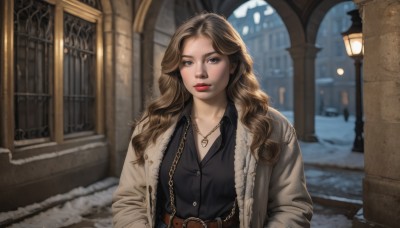 1girl,solo,long hair,breasts,looking at viewer,blue eyes,brown hair,shirt,jewelry,jacket,upper body,outdoors,open clothes,day,collared shirt,belt,necklace,blurry,lips,coat,black shirt,makeup,buttons,blurry background,chain,wavy hair,lipstick,building,snow,buckle,curly hair,belt buckle,realistic,hands in pockets,red lips,brown belt,winter,lamppost,bangs,long sleeves,brown eyes,closed mouth,parted lips,teeth,mole,dress shirt,night,wing collar,open coat,white coat,brown coat,grey coat