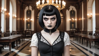 1girl,solo,breasts,looking at viewer,short hair,bangs,shirt,black hair,dress,cleavage,jewelry,medium breasts,closed mouth,collarbone,upper body,short sleeves,choker,indoors,blunt bangs,mole,black eyes,black dress,collar,cup,lips,eyelashes,makeup,black choker,chair,table,bob cut,cross,lipstick,lace trim,lace,eyeshadow,serious,eyeliner,candle,straight-on,mascara,gothic,black lips,small breasts,grey eyes,thick eyebrows,pale skin,stairs,nose,piano,chandelier