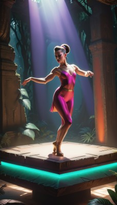 1girl,solo,breasts,short hair,brown hair,black hair,dress,cleavage,bare shoulders,jewelry,standing,full body,earrings,pointy ears,hair bun,makeup,sandals,sunlight,single hair bun,outstretched arms,plant,pink dress,light rays,anklet,dancing,sunbeam,pillar,belt,dark skin,dark-skinned female,bodysuit,realistic,tiptoes,ballet slippers