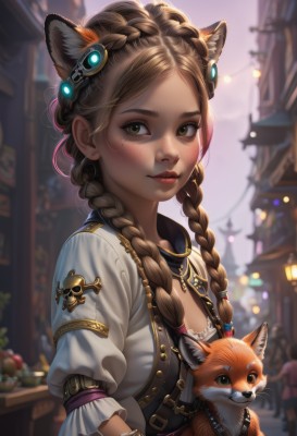 1girl,solo,long hair,breasts,looking at viewer,smile,bangs,brown hair,shirt,hair ornament,gloves,holding,animal ears,cleavage,brown eyes,jewelry,closed mouth,green eyes,white shirt,upper body,braid,short sleeves,earrings,small breasts,outdoors,frills,parted lips,solo focus,day,puffy sleeves,belt,artist name,signature,necklace,mole,blurry,twin braids,bracelet,lips,parted bangs,looking to the side,eyelashes,mole under eye,makeup,fruit,depth of field,blurry background,fake animal ears,animal,piercing,lipstick,gem,mole under mouth,hair over shoulder,forehead,freckles,dog,realistic,nose,red lips,stud earrings,strap,holding animal,mascara,mole above mouth,multiple braids,mole on cheek,blush,long sleeves,jacket,from side,fox ears,building,carrying,extra ears,backlighting,crown braid,fox