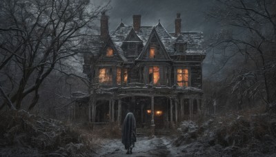 solo,1boy,standing,outdoors,sky,cloud,hood,from behind,tree,window,night,cloudy sky,building,scenery,cloak,snow,forest,rain,lantern,snowing,stairs,facing away,architecture,house,bare tree,grey sky,1girl,long hair,glowing,1other,fantasy,door,dark,chimney