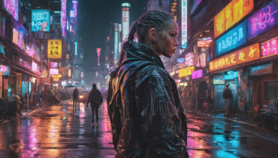 1girl, long hair, black hair, jewelry, jacket, braid, earrings, outdoors, solo focus, night, ground vehicle, building, scenery, motor vehicle, rain, city, sign, realistic, road, earphones, street, earbuds, cyberpunk, neon lights