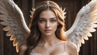 1girl,solo,long hair,breasts,looking at viewer,blue eyes,brown hair,hair ornament,cleavage,bare shoulders,medium breasts,closed mouth,underwear,collarbone,upper body,wings,indoors,bra,blurry,lips,grey eyes,blurry background,tiara,portrait,feathered wings,white bra,angel wings,realistic,nose,white wings,angel,diadem,dress