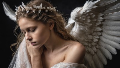 1girl,solo,long hair,simple background,brown hair,dress,bare shoulders,collarbone,closed eyes,upper body,parted lips,wings,white dress,lips,wavy hair,black background,portrait,feathered wings,hand on own face,freckles,angel wings,realistic,white wings,angel,head wreath,blonde hair