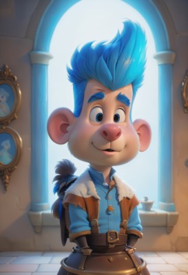 solo,looking at viewer,smile,short hair,open mouth,blue eyes,shirt,1boy,animal ears,blue hair,standing,tail,male focus,collared shirt,belt,indoors,thick eyebrows,blue shirt,furry,personification,furry male,buck teeth,blush,upper body,teeth,day,artist name,vest,spiked hair,extra ears,backlighting,mouse,pillar,column